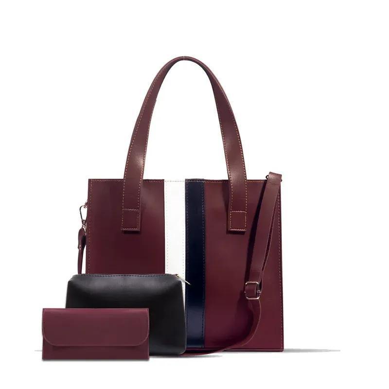 Stylish 3-Piece Tote Handbag Set – Chic Brown with Black & White Stripes