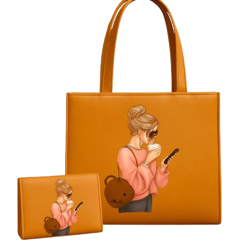 Trendy Coffee Girl Tote & Wallet Set – Chic & Stylish for Everyday Use