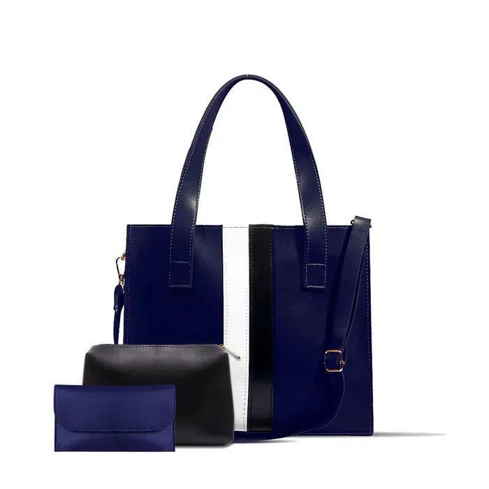 Stylish 3-Piece Tote Handbag Set – Chic Brown with Black & White Stripes