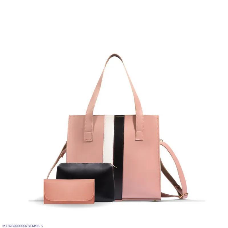 Stylish 3-Piece Tote Handbag Set – Chic Brown with Black & White Stripes