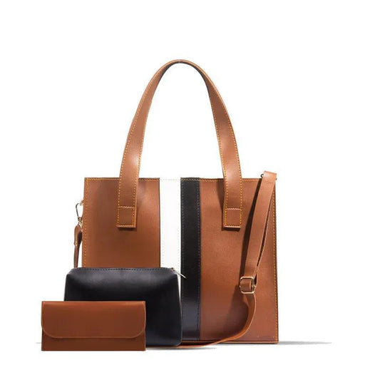 Stylish 3-Piece Tote Handbag Set – Chic Brown with Black & White Stripes