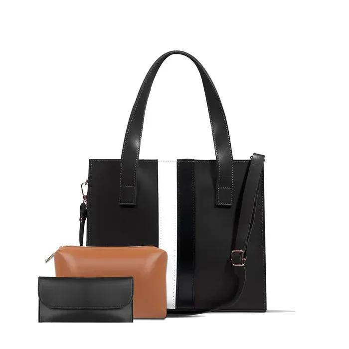 Stylish 3-Piece Tote Handbag Set – Chic Brown with Black & White Stripes