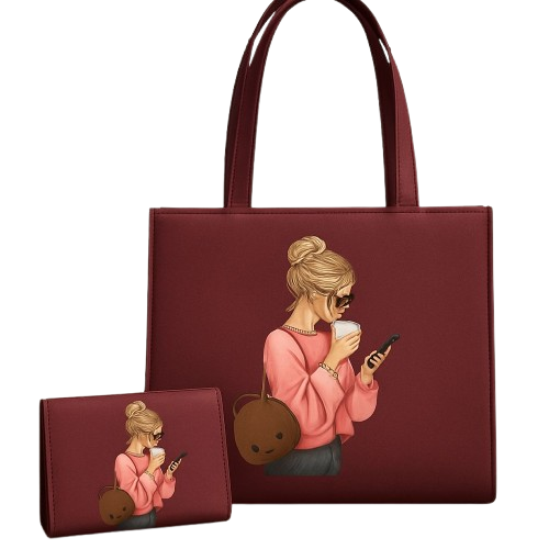 Trendy Coffee Girl Tote & Wallet Set – Chic & Stylish for Everyday Use