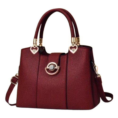 Elegant Burgundy Leather Handbag for Women – Stylish Tote with Heart Accents & Shoulder Strap
