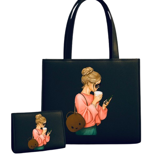 Trendy Coffee Girl Tote & Wallet Set – Chic & Stylish for Everyday Use